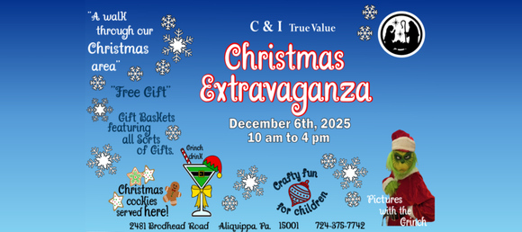 A festive Christmas event flyer with a blue background, snowflakes, and holiday-themed text. Features include a 