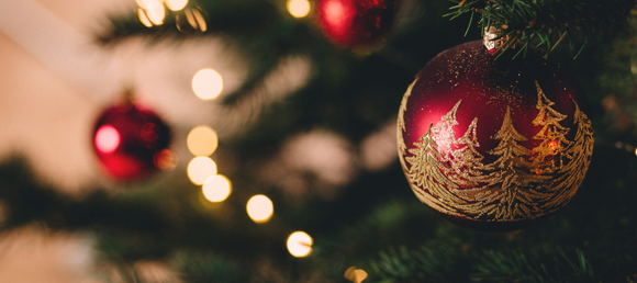 Close-up of a red ornament with gold glitter trees on a Christmas tree, with blurred white Christmas lights and other red ornaments in the background.